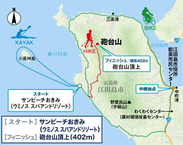 瀬戸内海の多島美を望む爽快なカヤックコースと、海沿いを走る自転車コースが魅力の大会。ハイクでは歴史の残る砲台山頂上を目指します